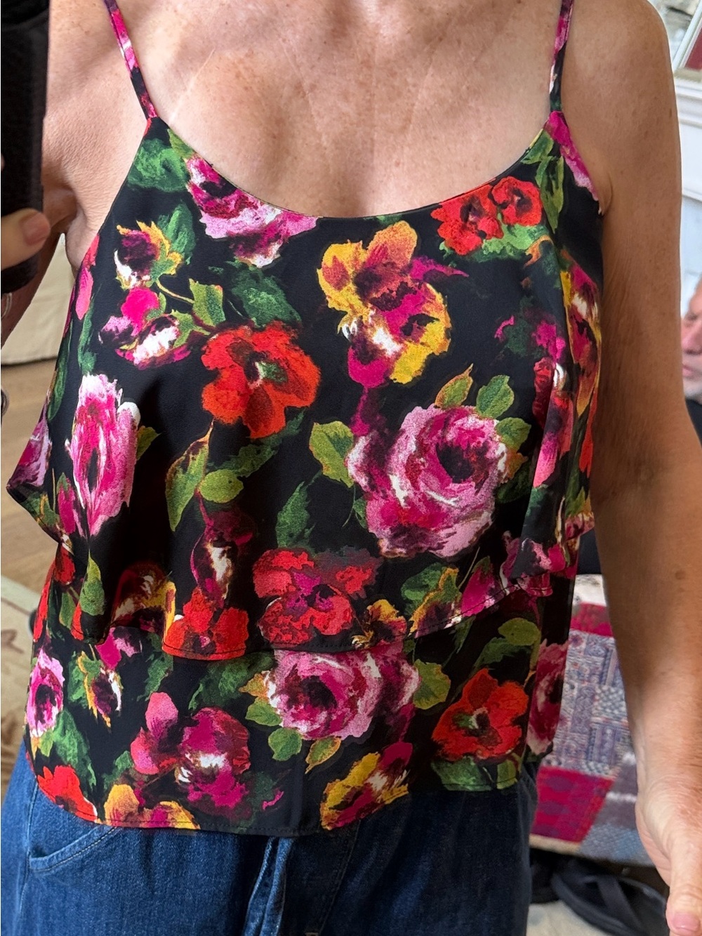 Paper Crane Black Floral Spaghetti-Strap Cami with Layered Front